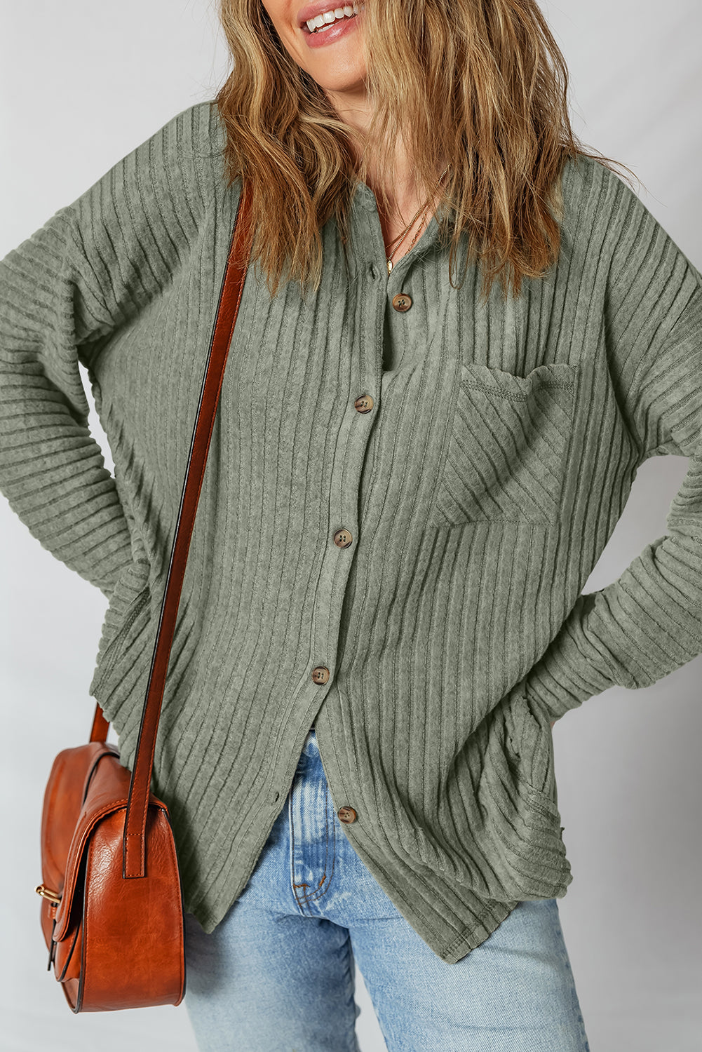 Mist Green Thermal Ribbed Texture Button Up Shacket