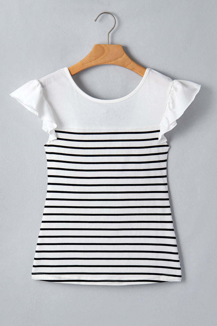 White Stripe Contrast Knot Back Ruffle Trim Tank Top