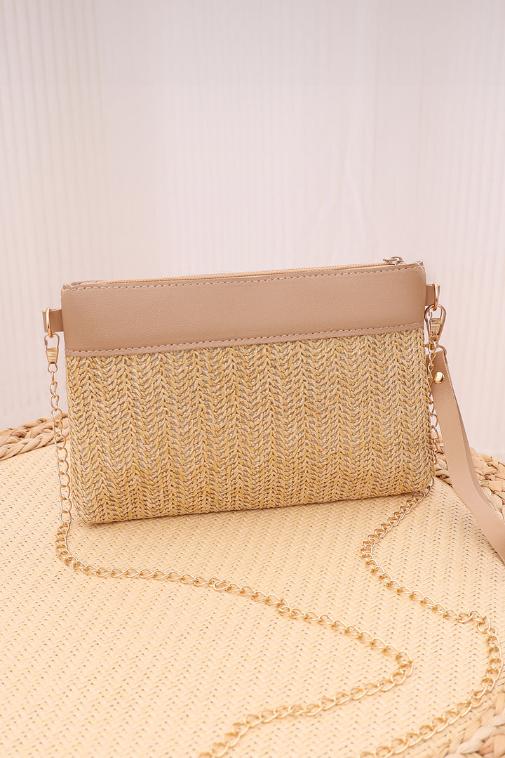 Light French Beige PU Leather Patchwork Faux Straw Woven Single Shoulder Bag