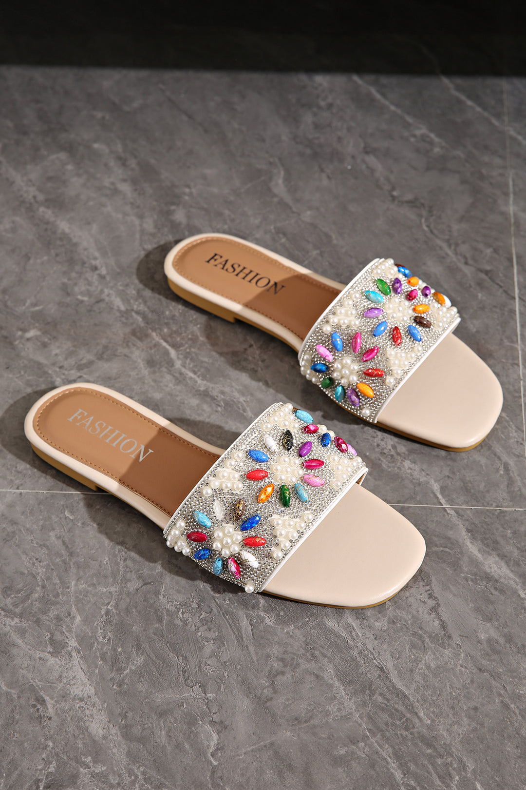 Rhinestone Pearl Decoration Square Head Beach Slippers