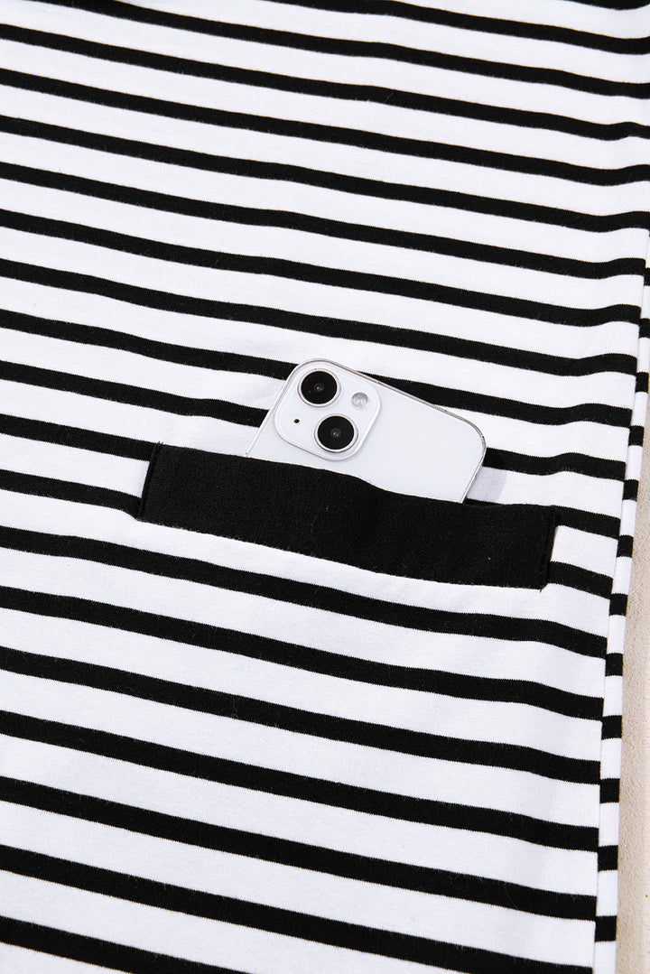 White Stripe Buttoned Front Collared Long Sleeve T Shirt Dress with Pockets