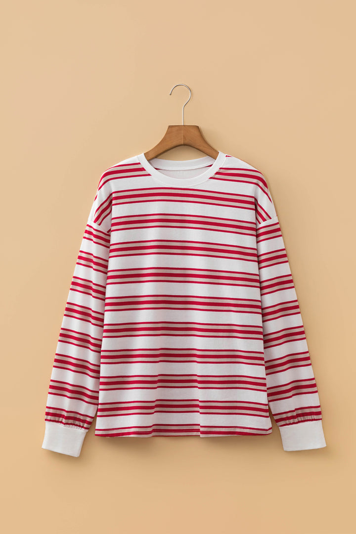 Red Stripe Dropped Shoulder Long Sleeve Casual Pullover Top