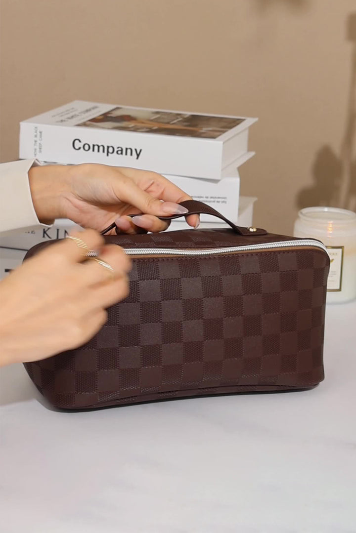 Checkered Zipper Handle PU Leather Travel Makeup Bag