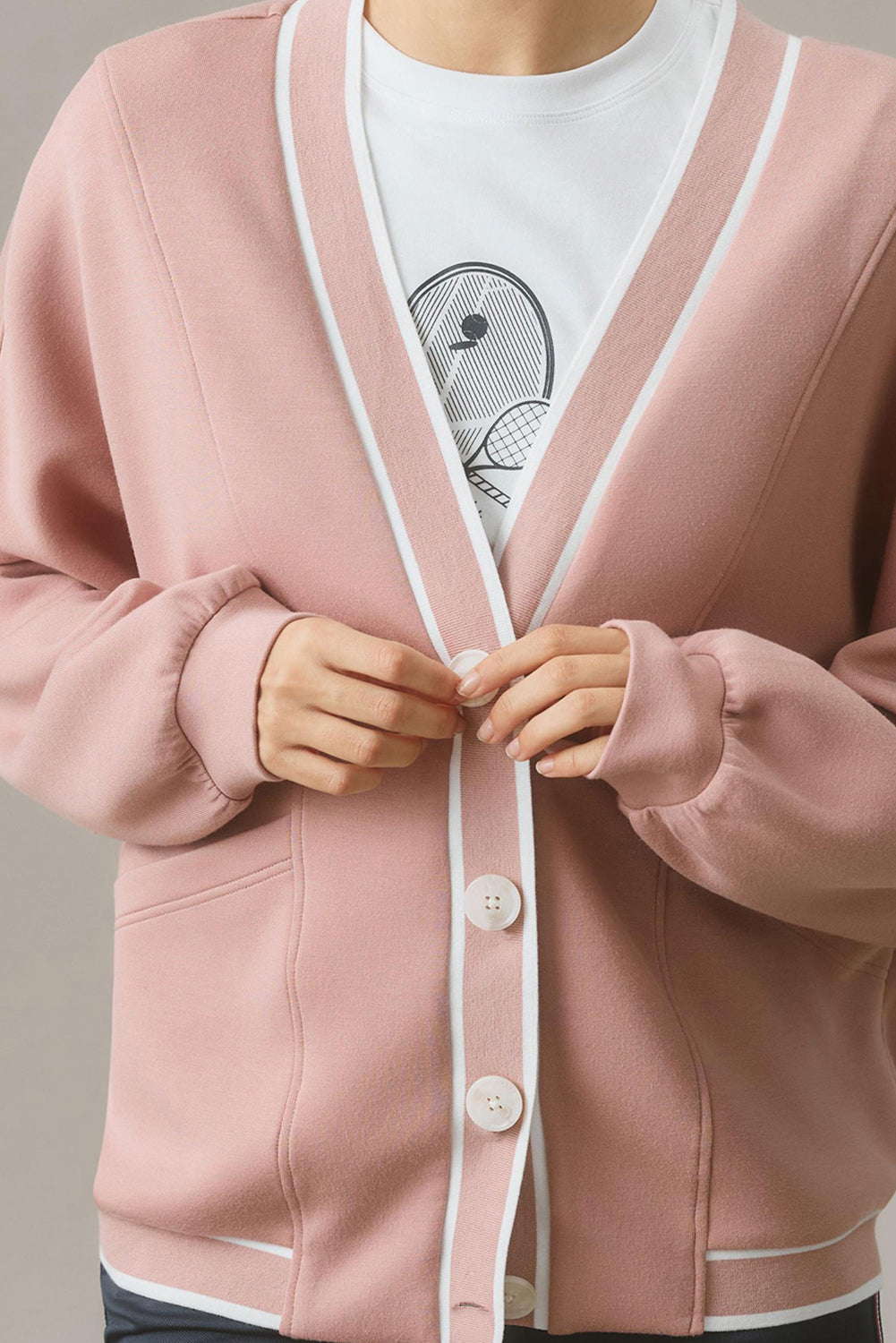 Pink Stripe Contrast Trim Buttoned Front Pocketed Knit Cardigan