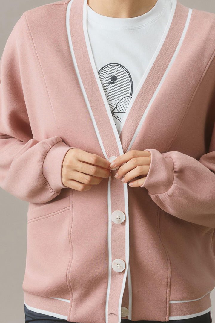 Pink Stripe Contrast Trim Buttoned Front Pocketed Knit Cardigan