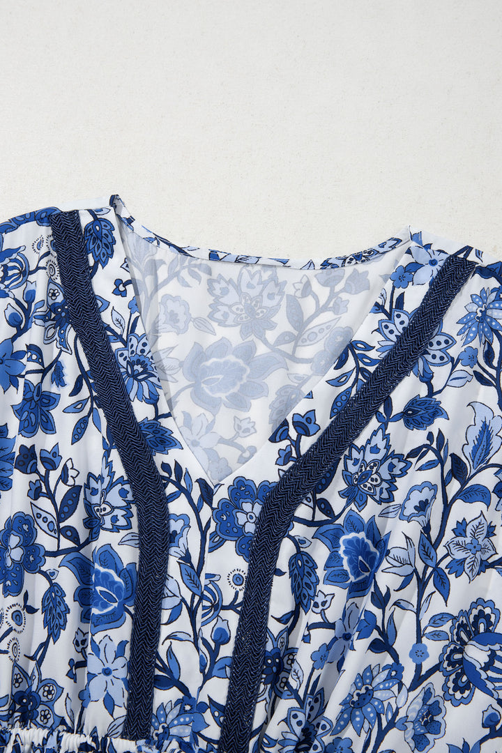 Sky Blue Abstract Print Embroidered Trim V Neck Drawstring High Waist Loose Vacation Dress