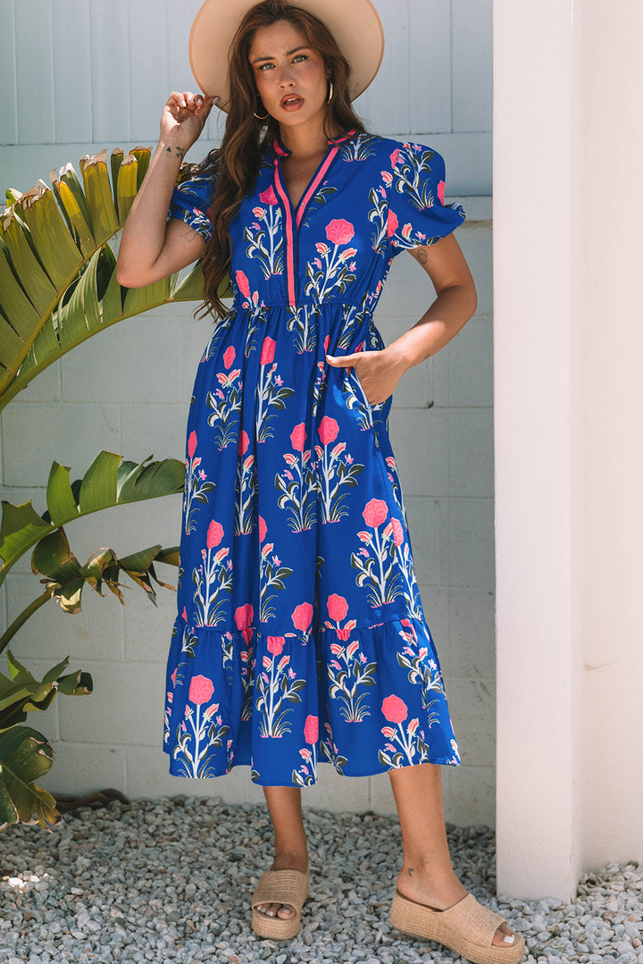 Blue Floral Puff Short Sleeve Maxi Dress