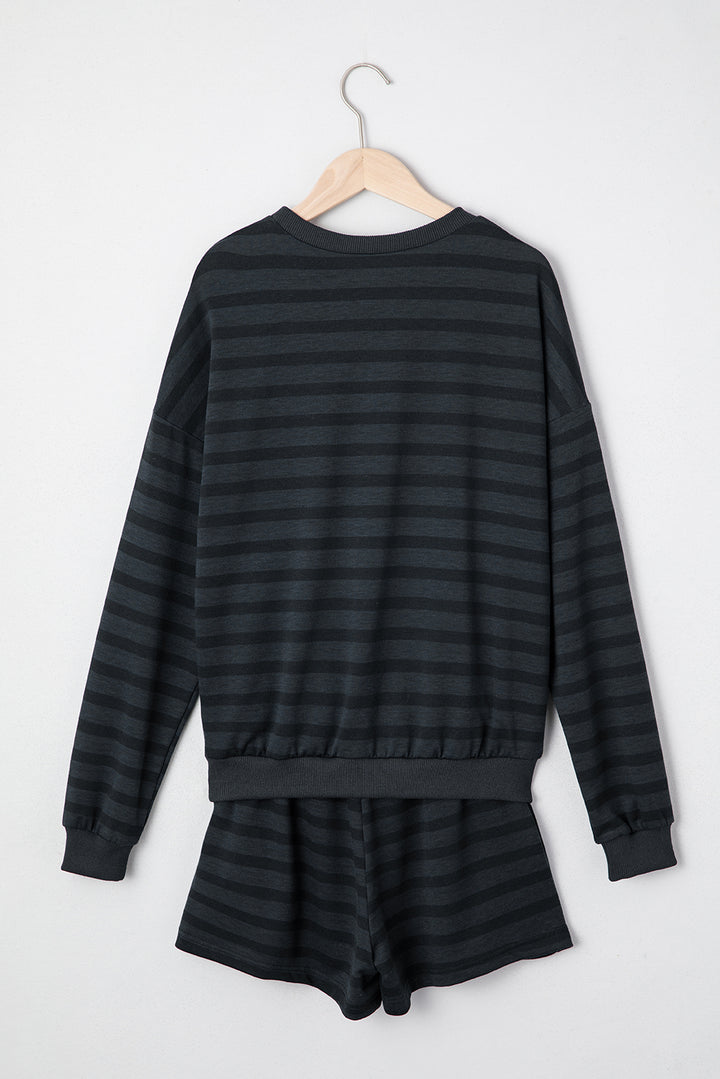 Gray Printed Stripe Long Sleeve Satin Tie Shorts Two Piece Set