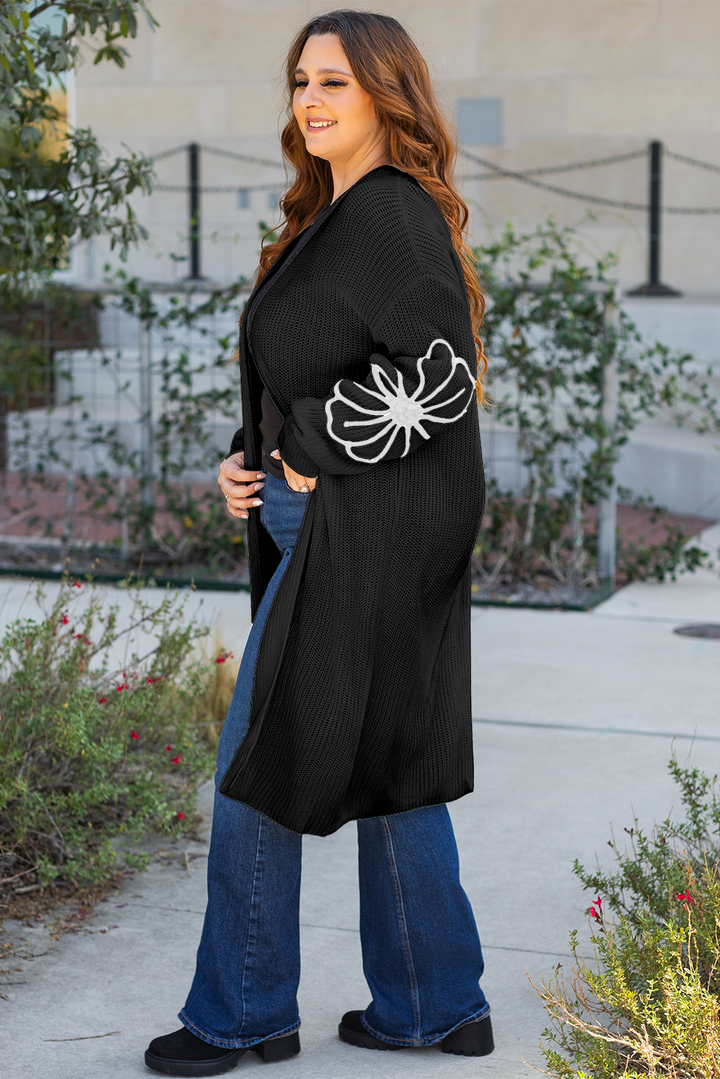 Black Flower Embroidered Open Front Duster Cardigan