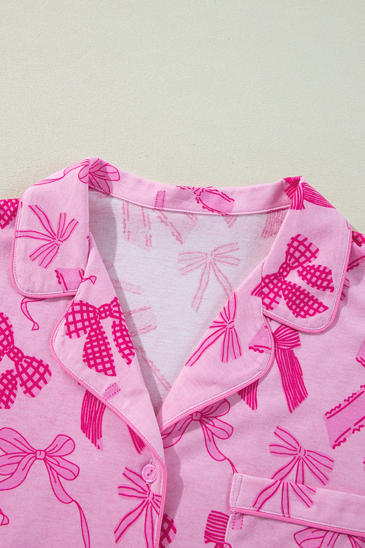 bow print half sleeve shirt and shorts pajamas set