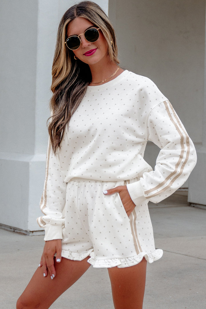 White Polka Dot Print Side Stripe Casual Sweatshirt 2pcs Short Set