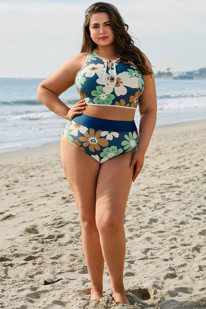 Floral Printed Zipped Plus Size Two Pieces Bikini