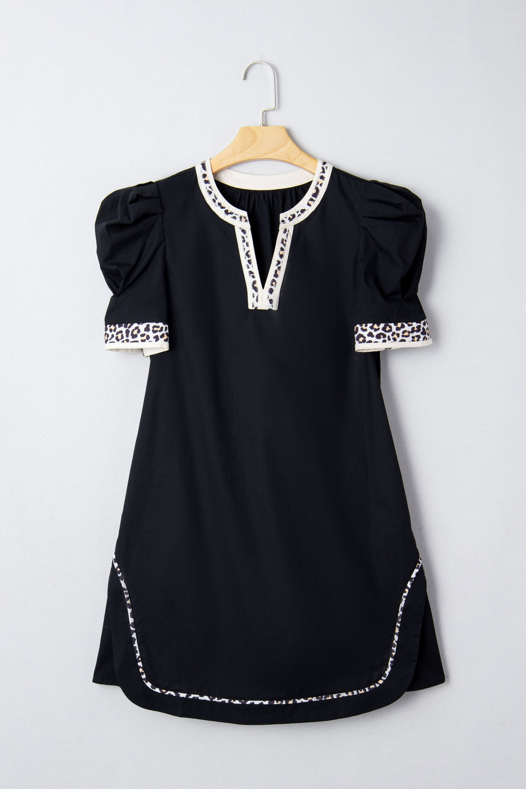 Leopard Trim Notched Neck Short Puff Sleeve Shift Mini Dress