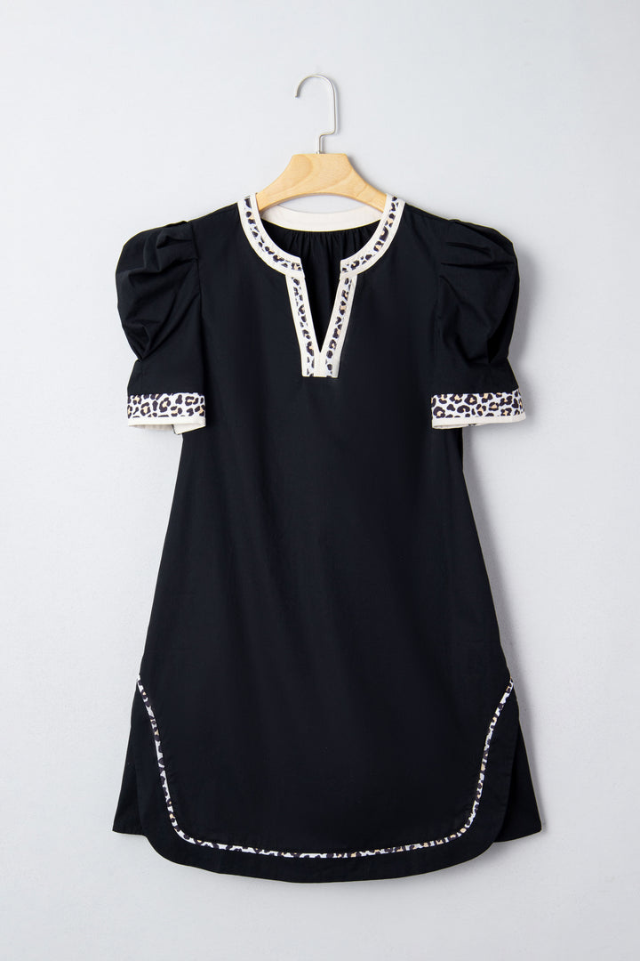 Leopard Trim Notched Neck Short Puff Sleeve Shift Mini Dress
