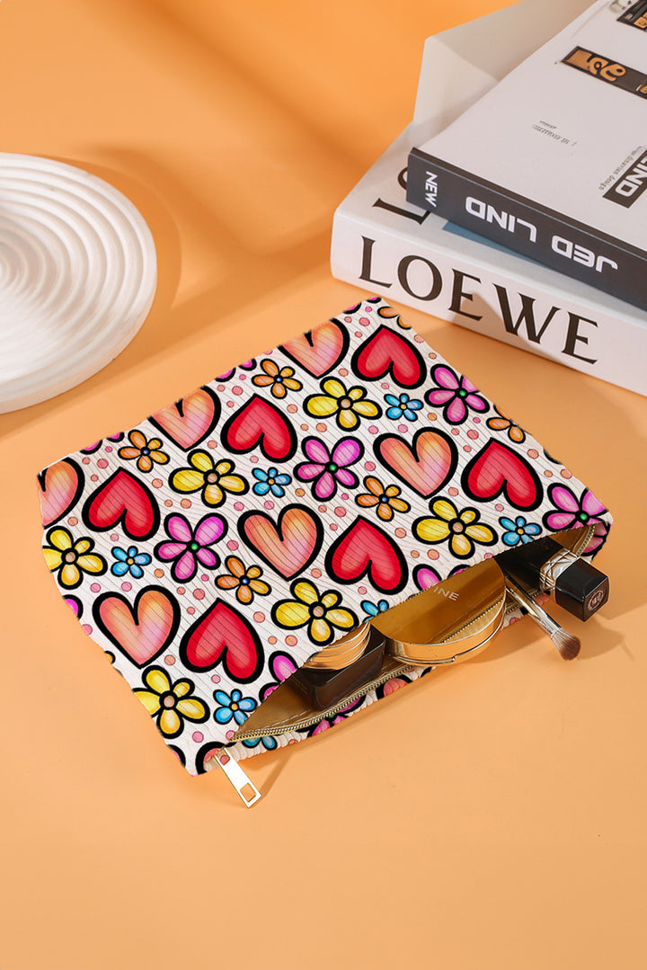 Heart Flower Print Corduroy Large Makeup Bag