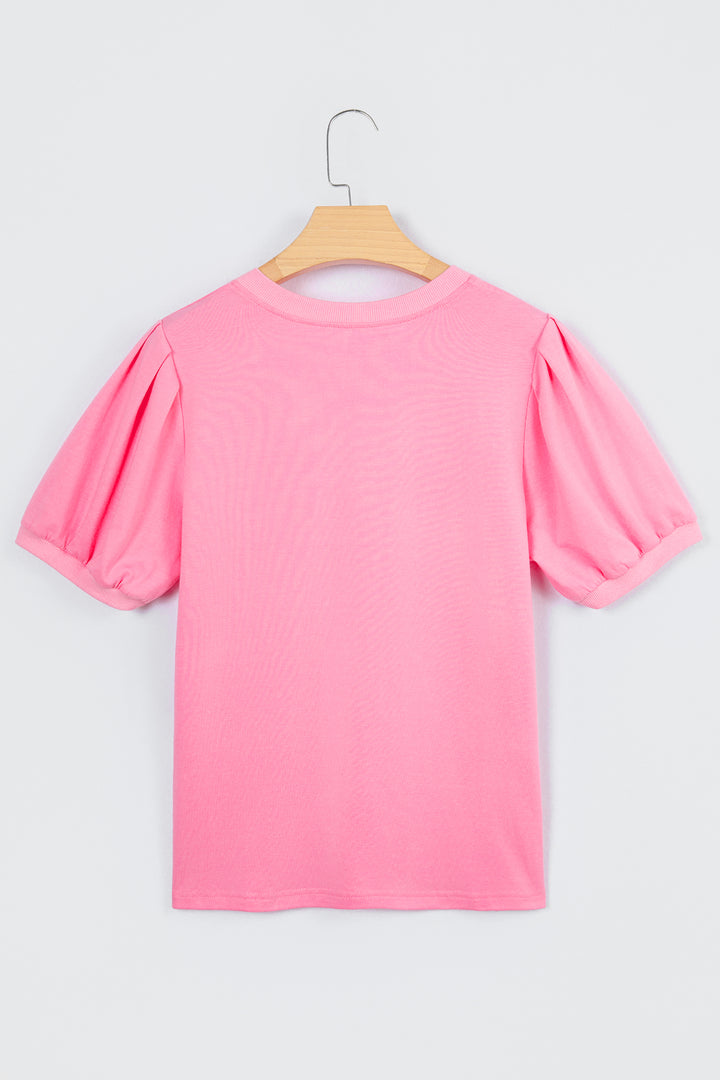 Solid Color V Neck Short Puff Sleeve Blouse