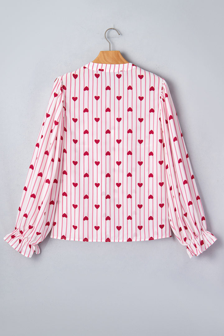 Textured Heart Print Long Flounce Sleeve Shirt