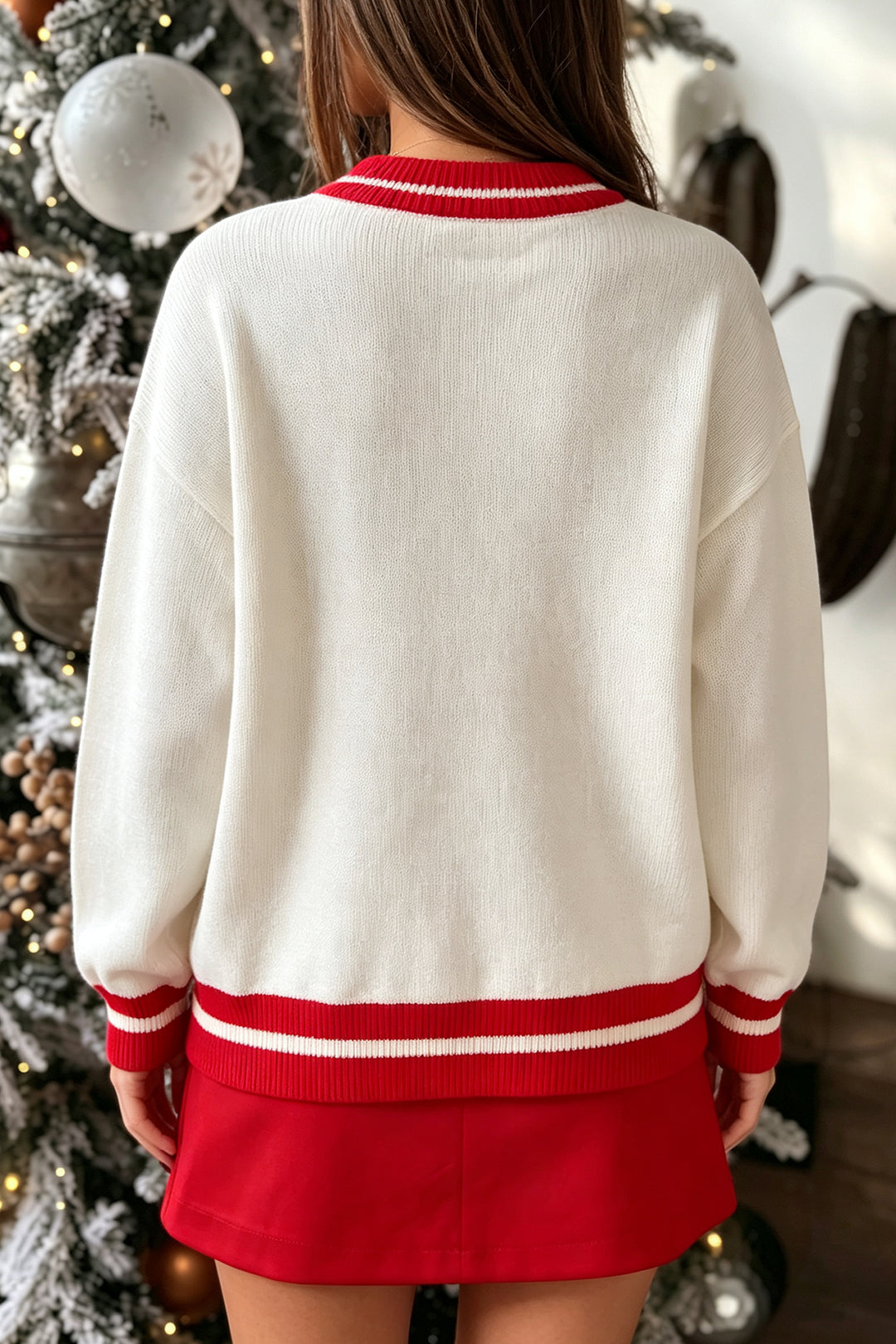 White Christmas Plaid Tree Applique Round Neck Loose Sweater