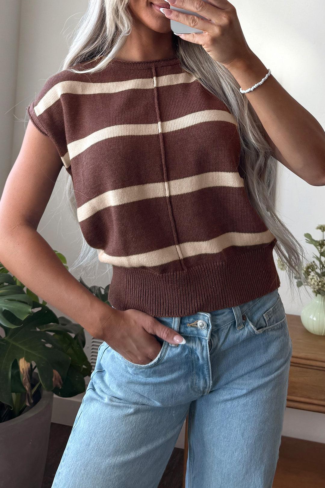 Brown Stripe Knit Western Short Sleeve Sweater