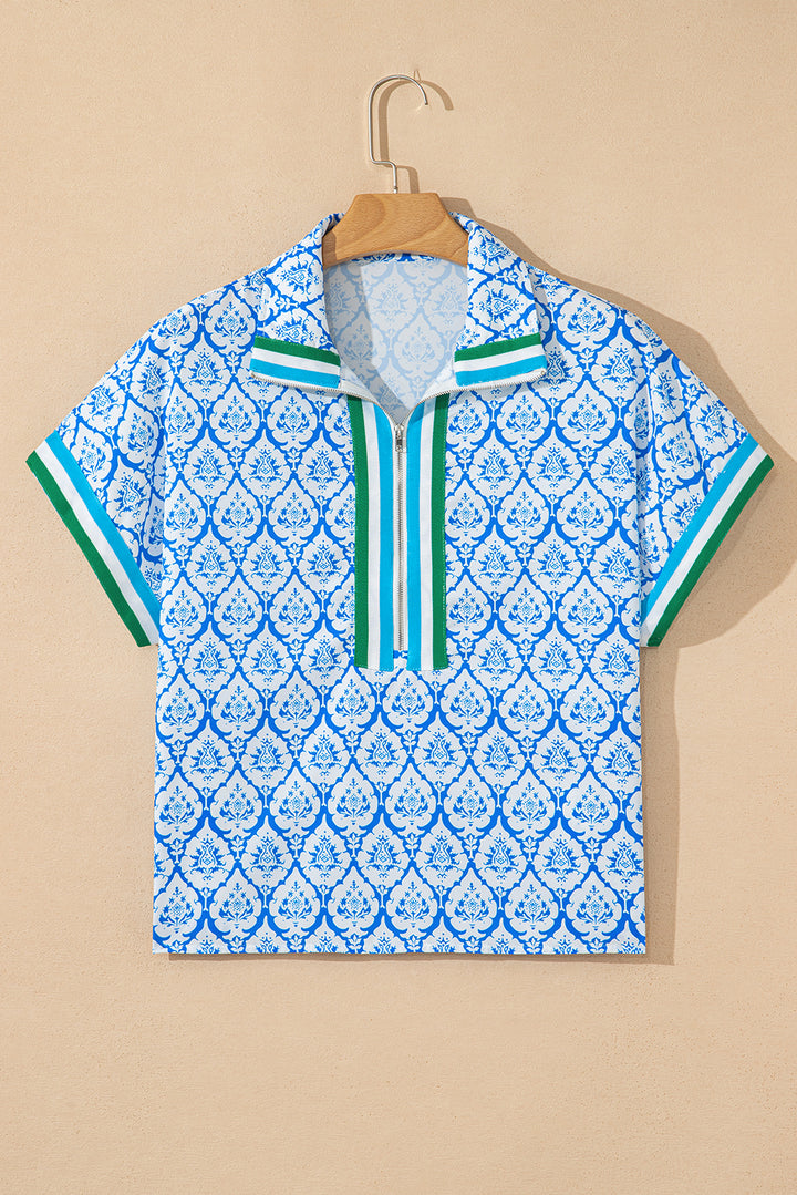 Sky Blue Western Print Zipped Collar Short Sleeve Summer Blouse Top