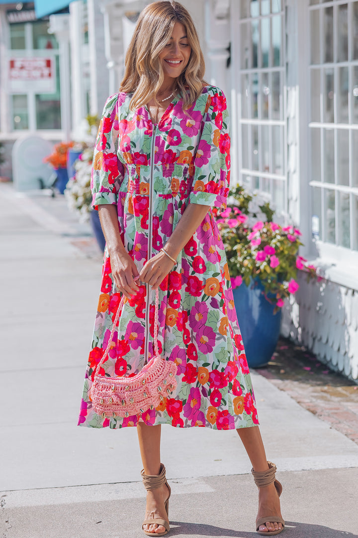 Rose Vibrant Floral Print Zip Up Puffy Half Sleeve Dress