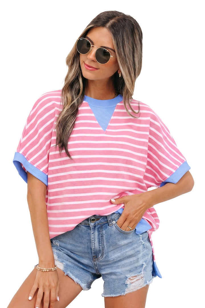 Pink Stripe Contrast Trim Loose Short Sleeve Top