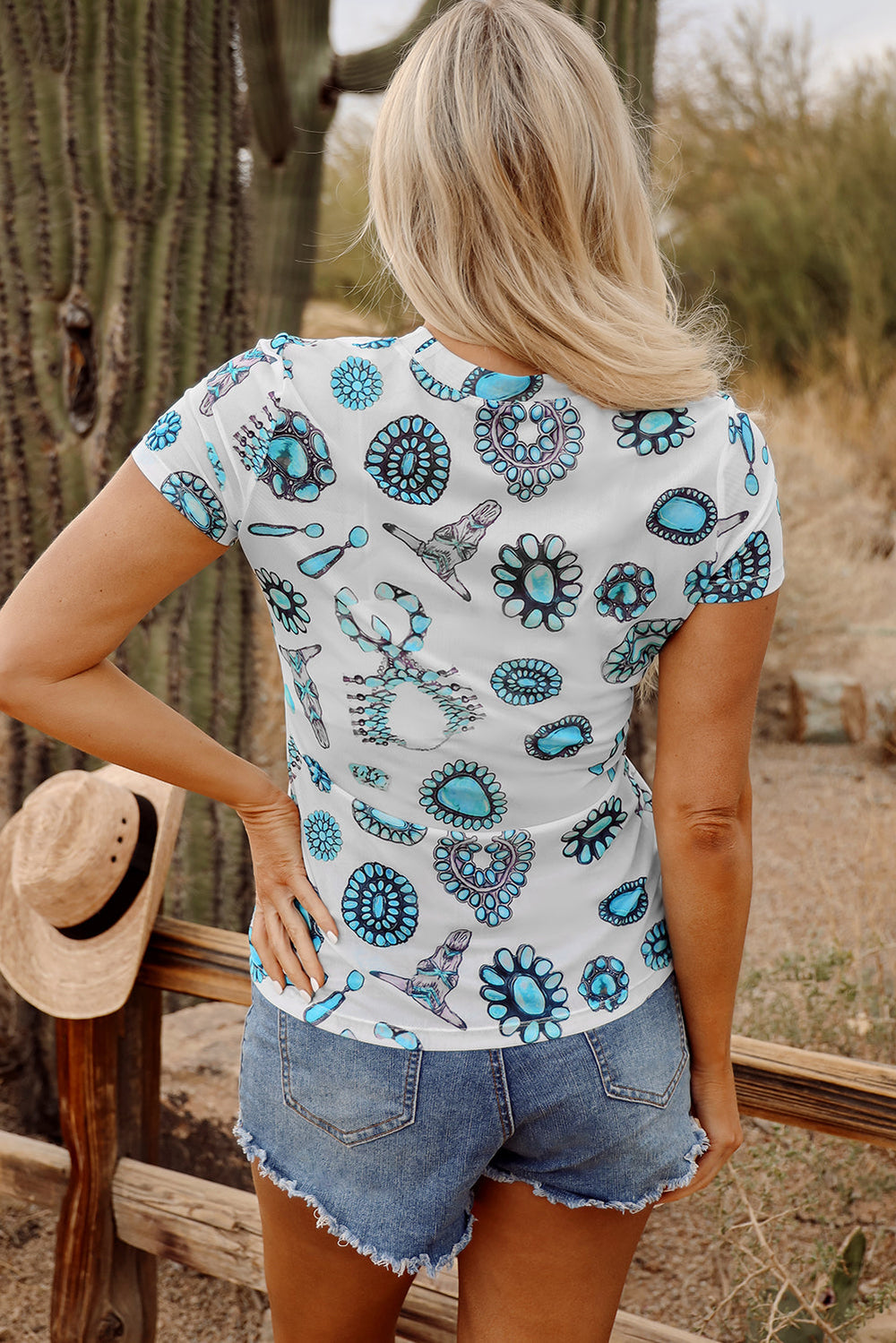 Western Turquoise Printed Crewneck Slim Fit Tee