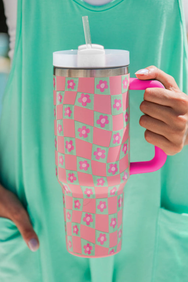 Tasse mit Blumen-Karomuster und Strohhalm, 40 oz