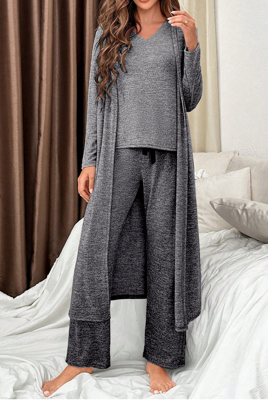Dark Grey 3pcs V Neck T Shirt Ribbon Knot Pants Open Duster 3pcs Lounge Set