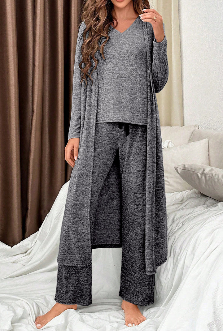 Dark Grey 3pcs V Neck T Shirt Ribbon Knot Pants Open Duster 3pcs Lounge Set