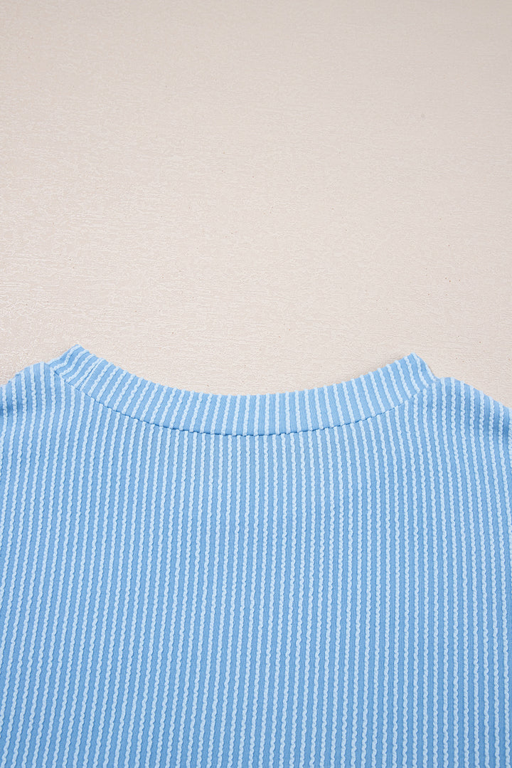 Dark Blue Corded Knit Color Block Pocketed Crew Neck T Shirt