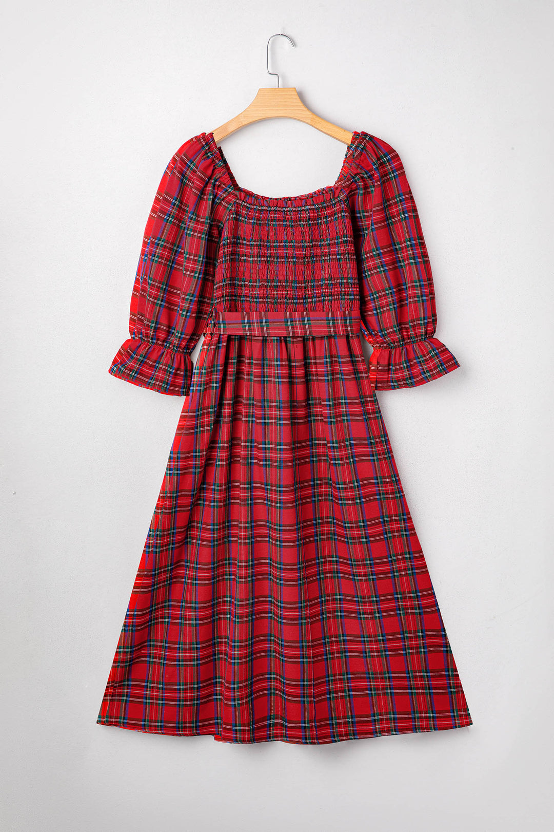 Tartan Plaid Square Neck Puff Sleeve Knot Waist Flared Midi Dress