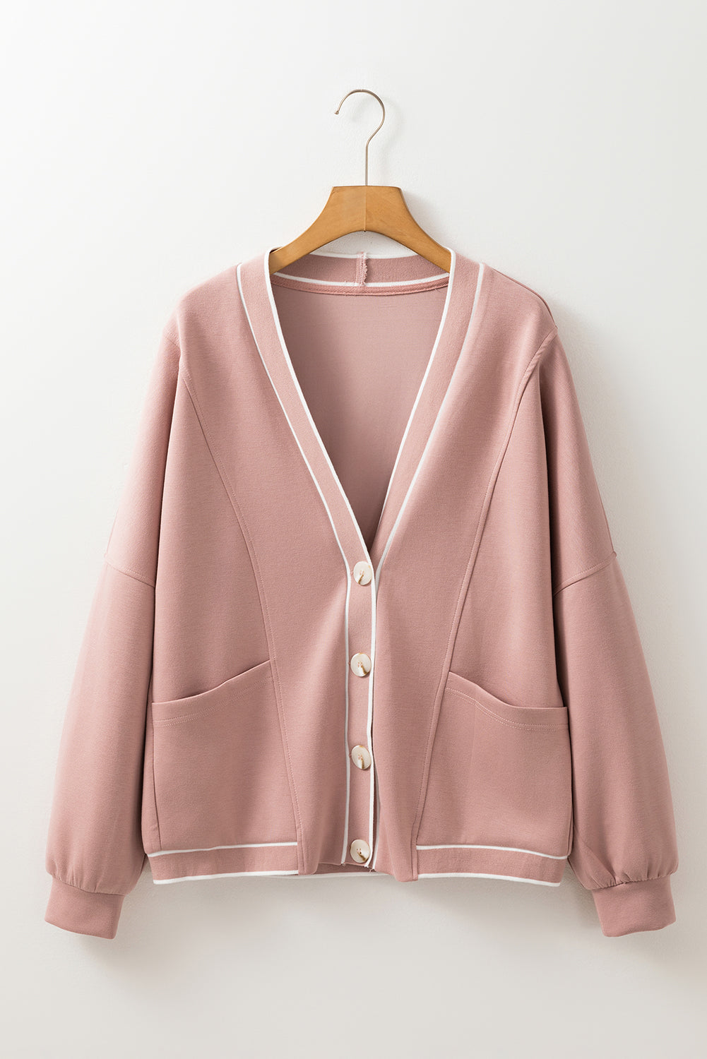 Pink Stripe Contrast Trim Buttoned Front Pocketed Knit Cardigan