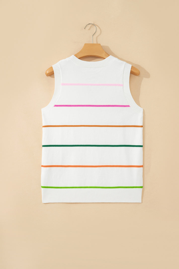 White Stripe Round Neck Knitted Sweater Tank