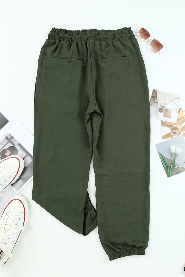 Green Solid Color Drawstring Smocked Waist Joggers
