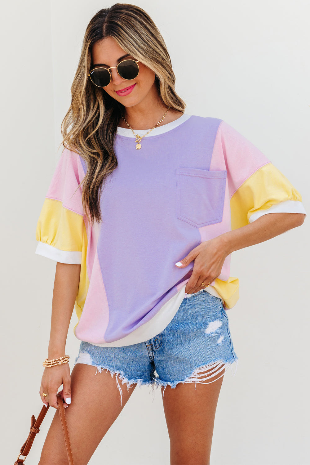 color block patchwork half sleeve oversized t shirt