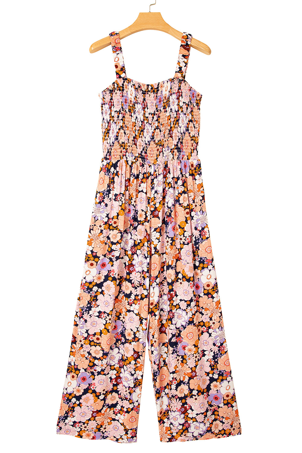 Black Floral Print Smocked High Waist Square Neck Jumpsuit