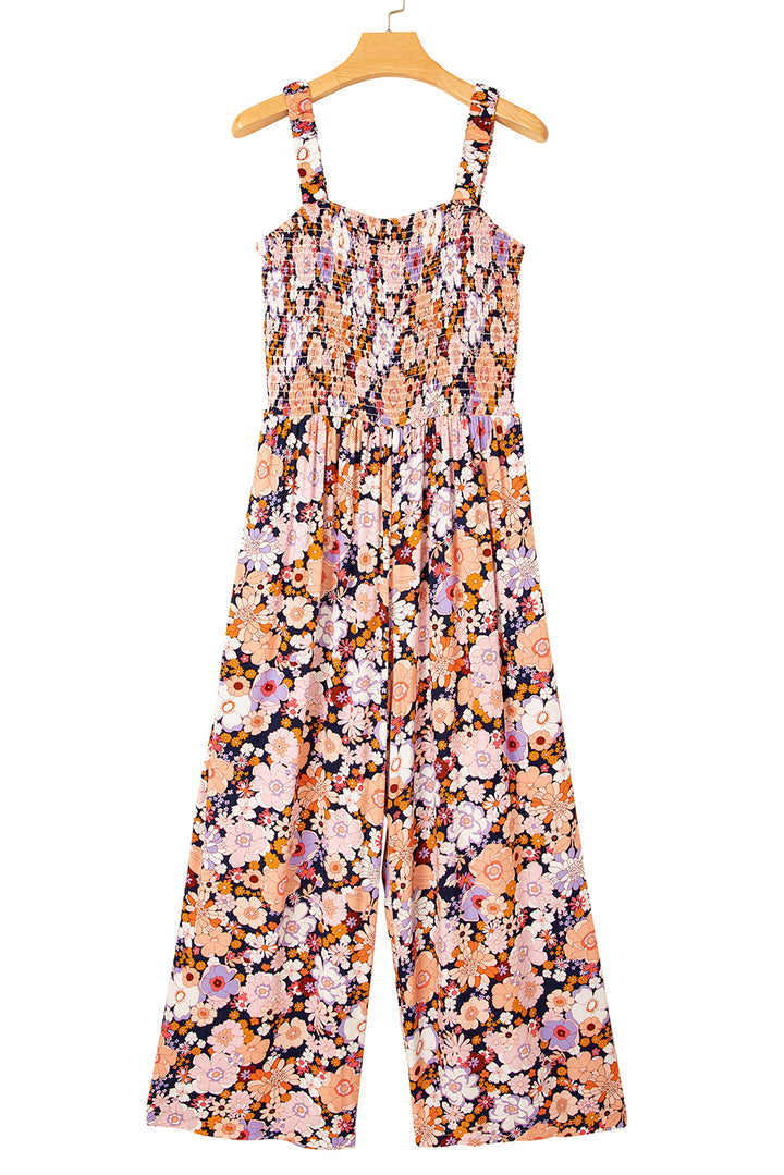 Black Floral Print Smocked High Waist Square Neck Jumpsuit