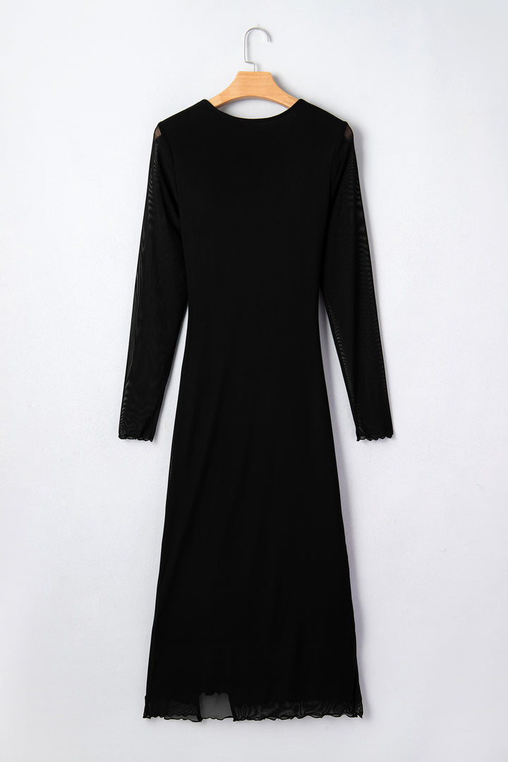 Black Sheer Mesh Long Sleeve Twisted Knot Side Slit Midi Dress