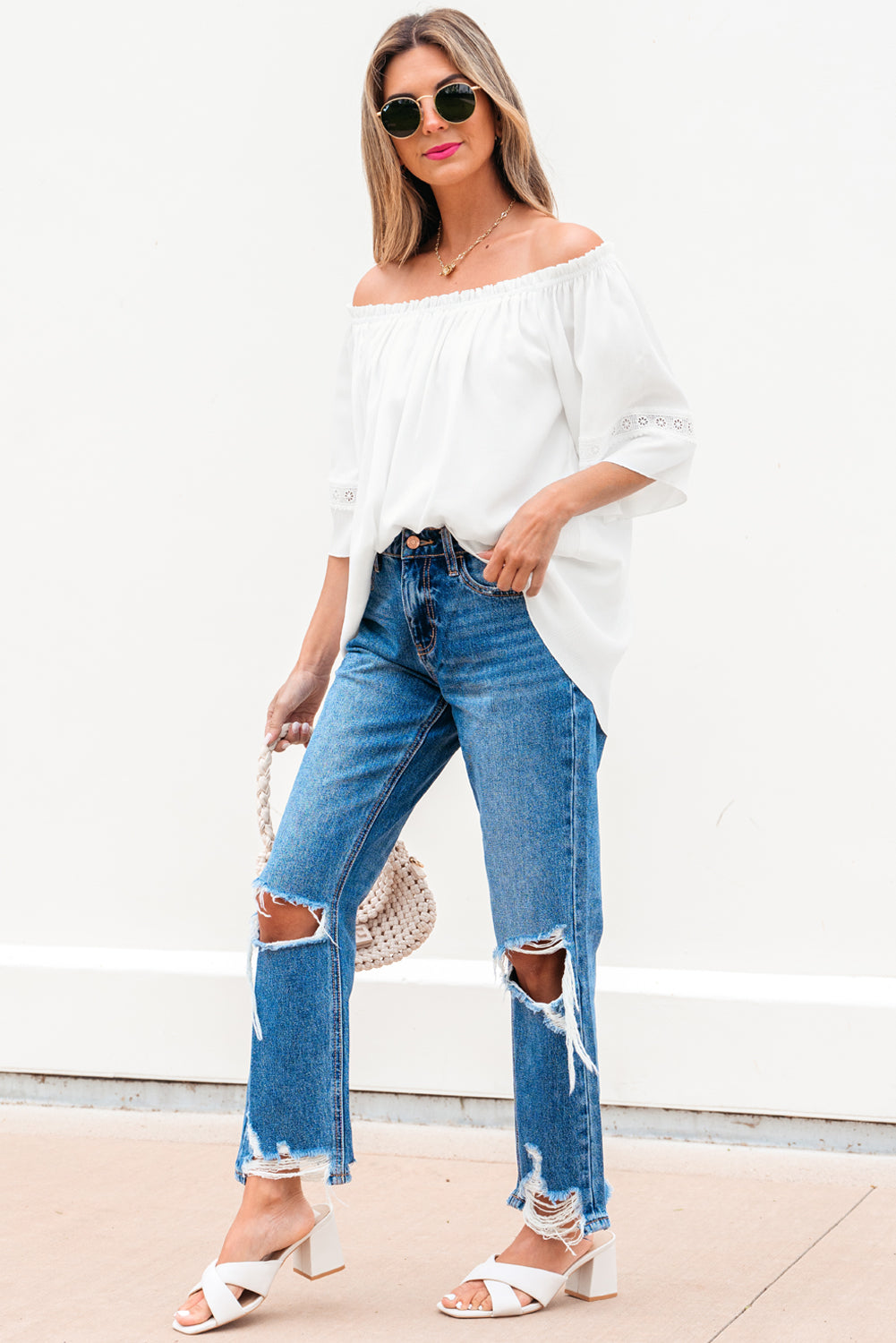 frilly off shoulder lace insert sleeve textured blouse