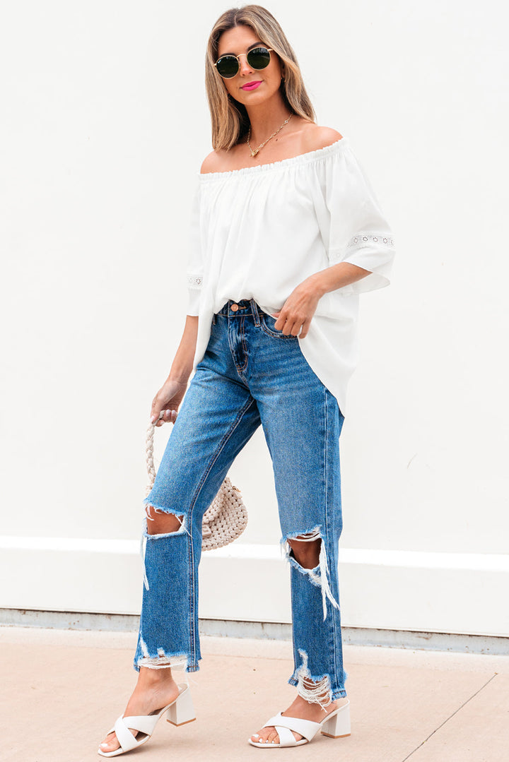 frilly off shoulder lace insert sleeve textured blouse