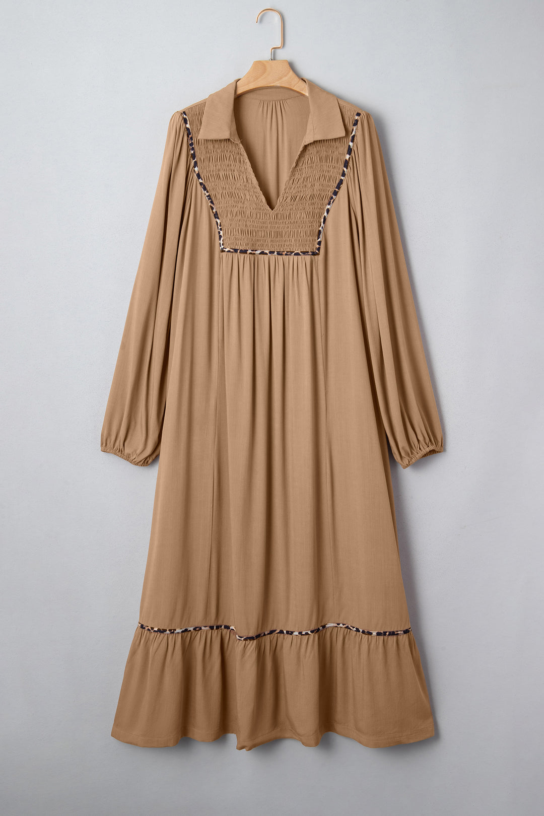 Chestnut Smocked V Neckline Leopard Piping Plus Size Long Dress