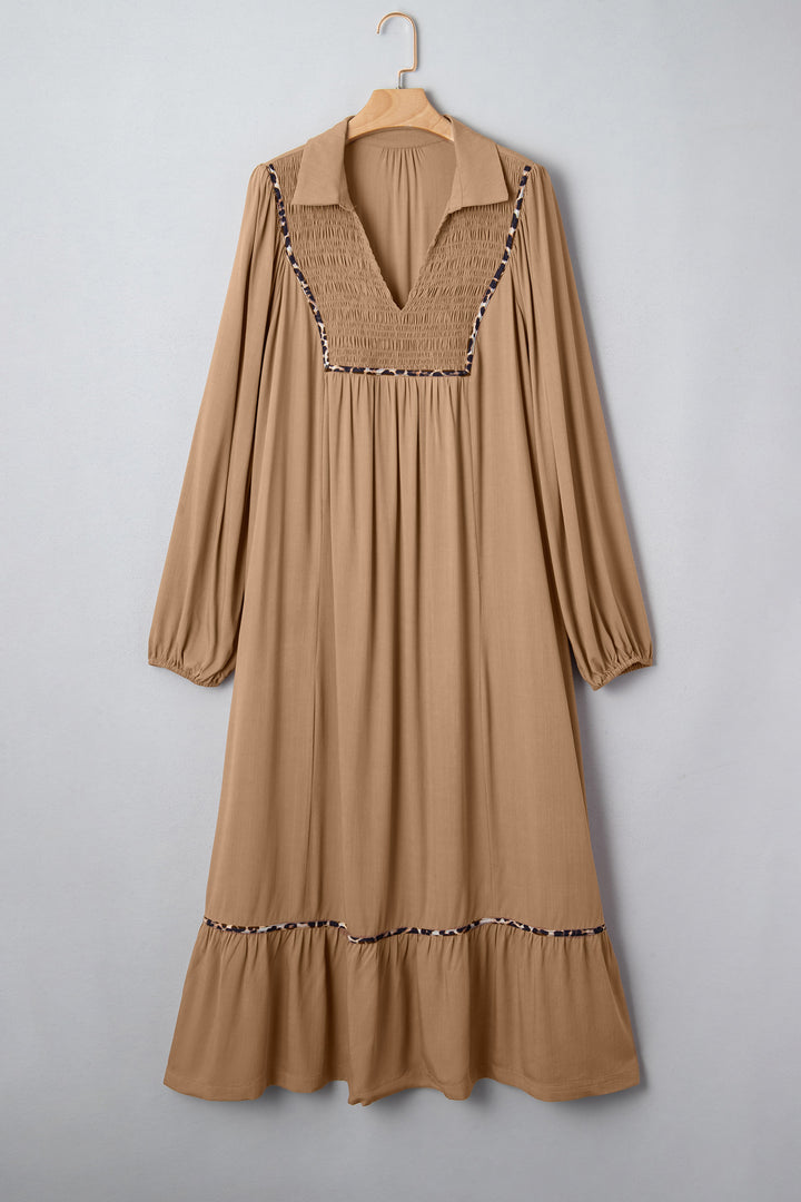 Chestnut Smocked V Neckline Leopard Piping Plus Size Long Dress