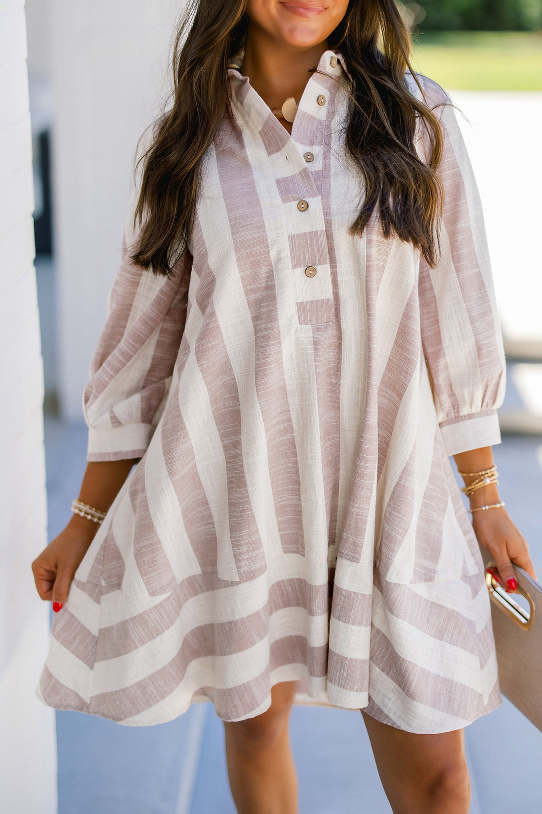 Khaki Stripe Button-Up Three-Quarter Sleeve Short Shift Linen Dress