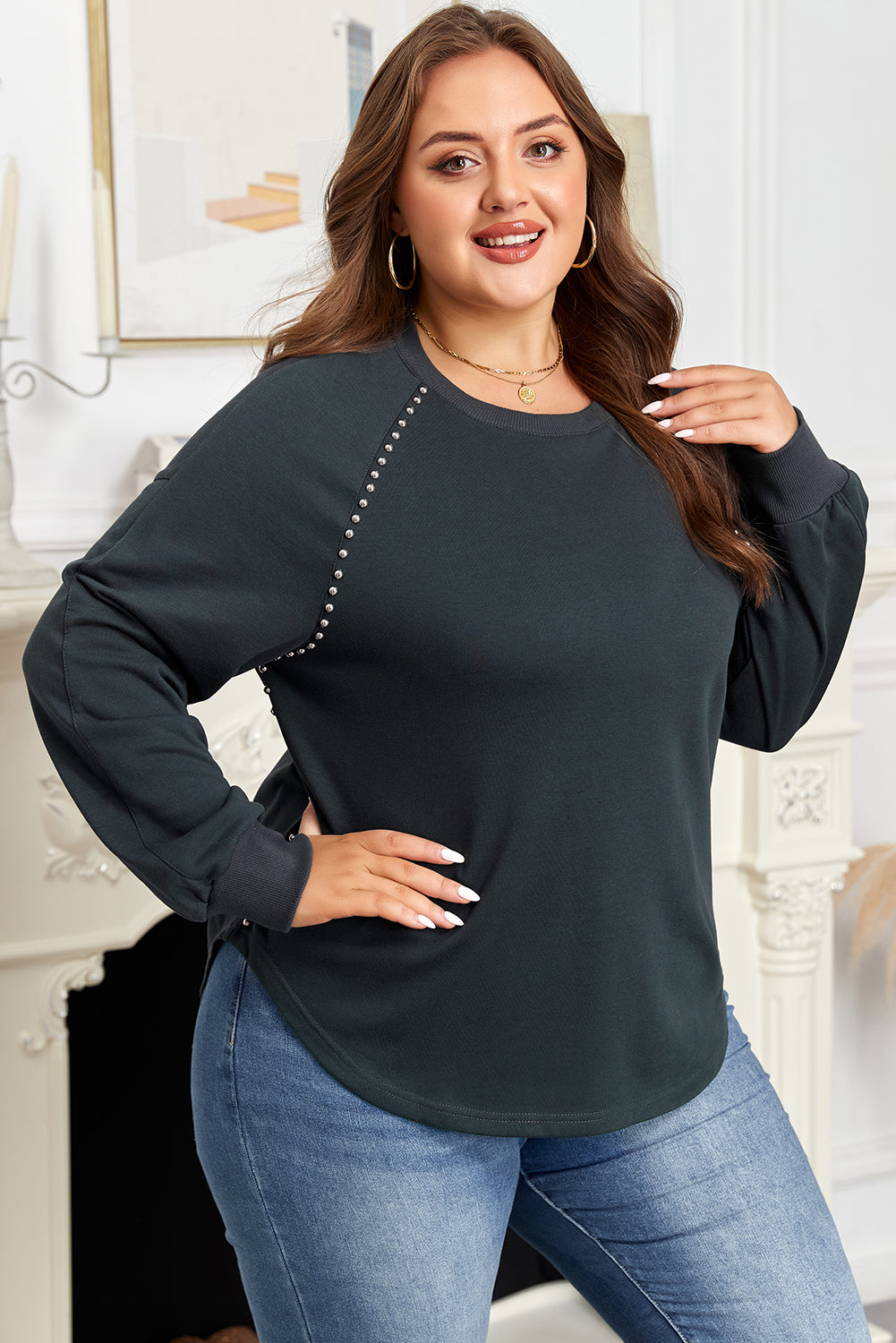 Black Studded Decor Ribbed Edge Mineral Wash Plus Size Jumper
