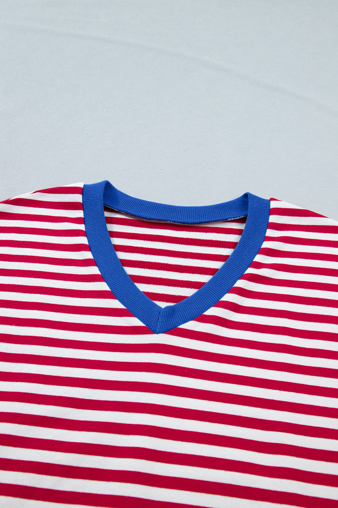 Red Stripe Colorblock Trim V Neck Tee Drawstring Elastic Waist Short Set