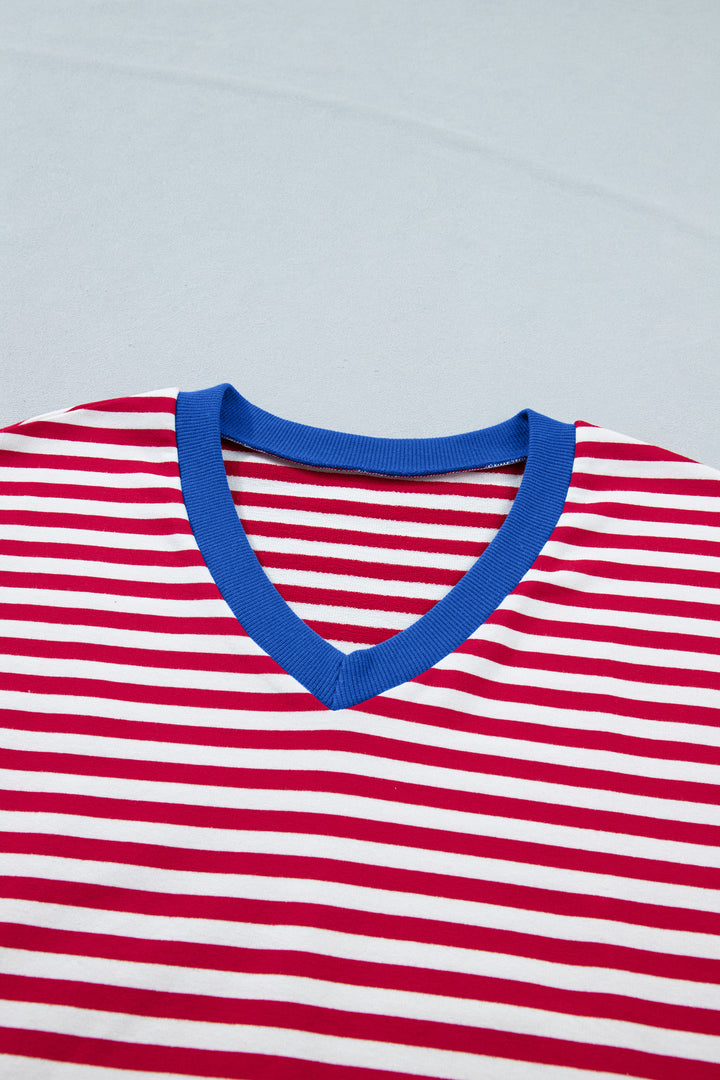 Red Stripe Colorblock Trim V Neck Tee Drawstring Elastic Waist Short Set