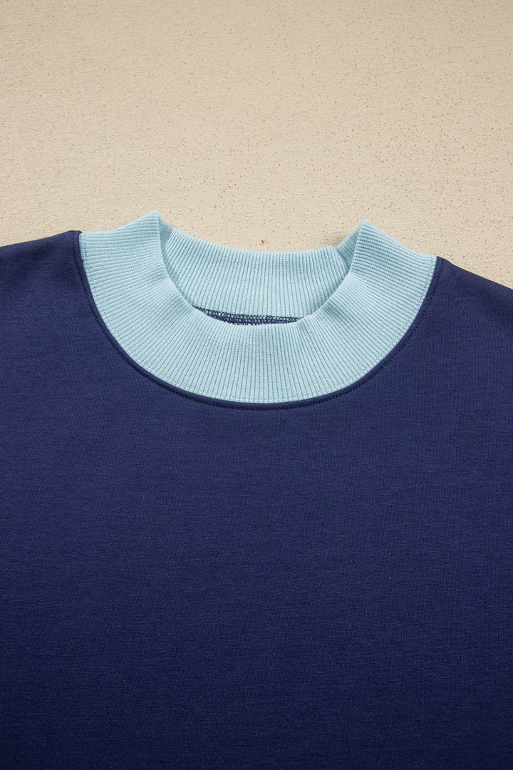 Dirty blue Colorblock Trim Crewneck Long Sleeve Pullover Sweatshirt