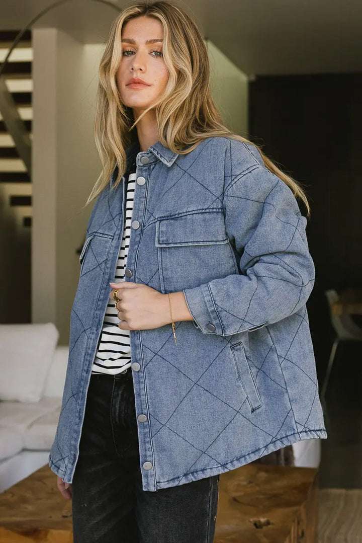 Ashleigh Blue Rhombus Stitched Pattern Button Pocketed Denim Jacket