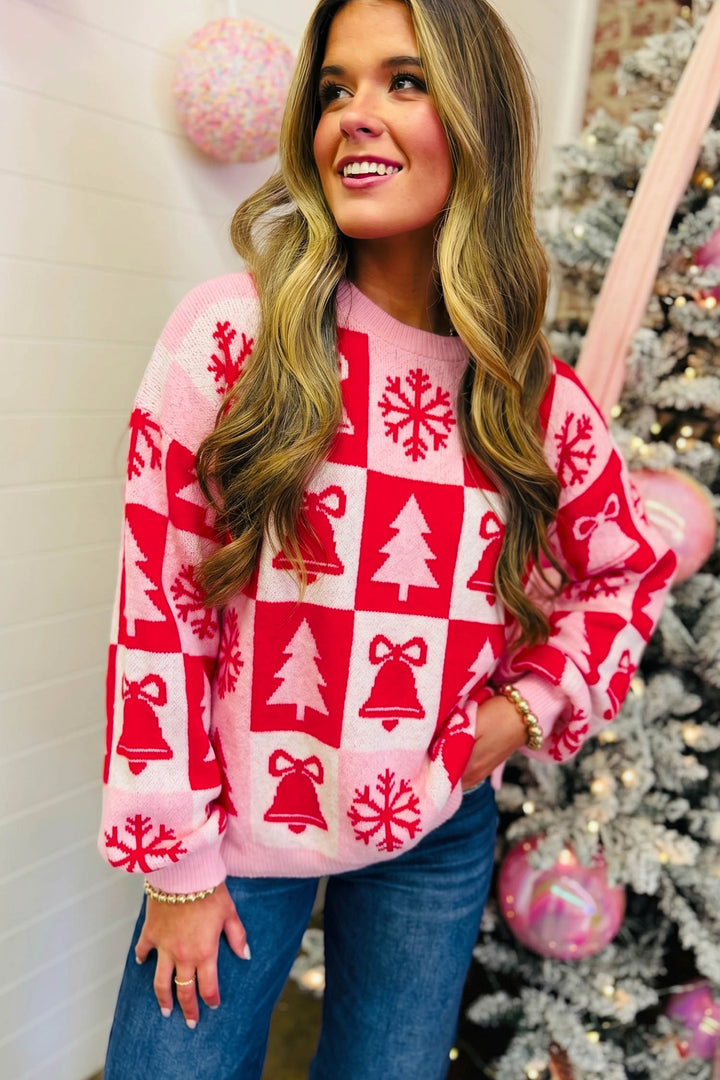 Pink Christmas Plaid Pullover Round Neck Long Sleeve Casual Fit Tunic Knitwear Sweater